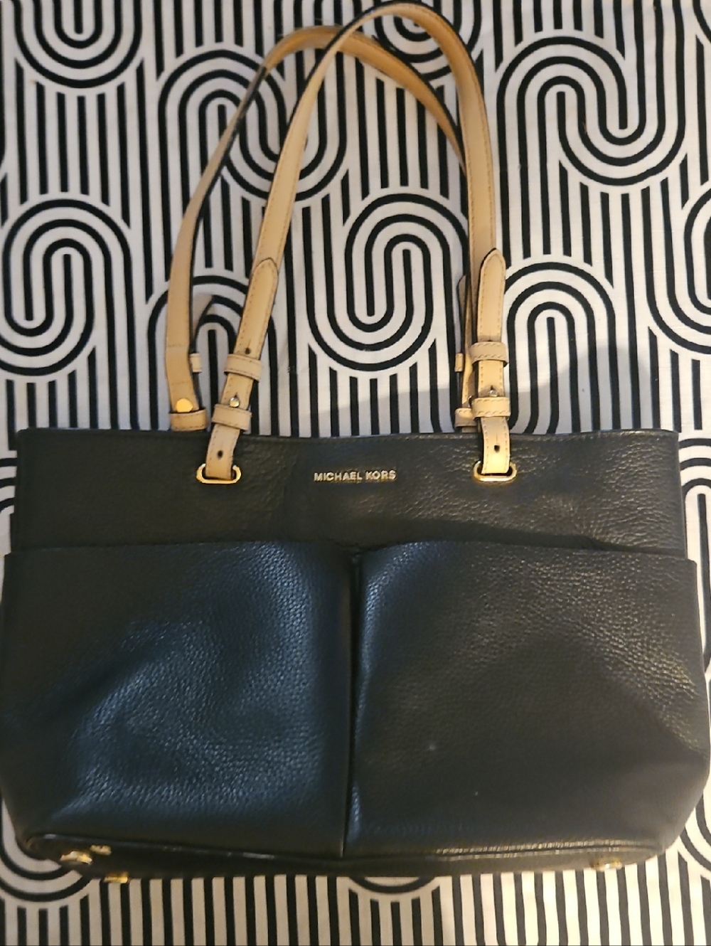 Michael Kors Black Pebbled Leather Tote with Tan Straps